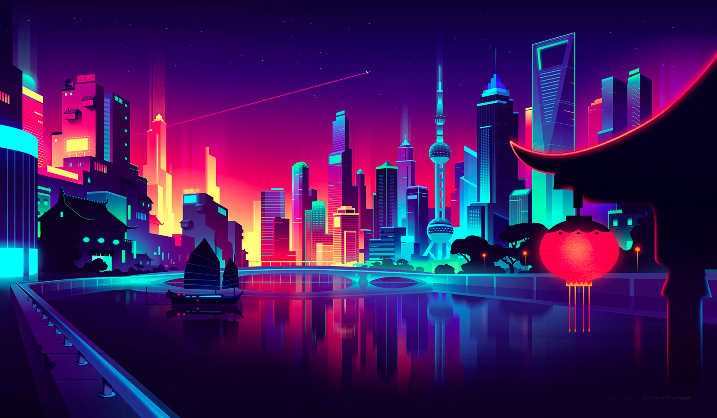 Virgin atlantic asia boat city cityillustration cityscape colorful futur gradient illustration light neon photoshop retro river skyscraper