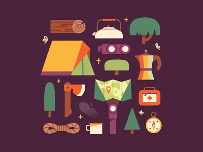 Camping adobe illustrator camp camping education forest hike icons illustration illustrator map mountains procreate texture travel webillustration