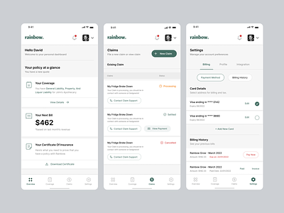 Rainbow Insurance - Mobile app billing car insurance cards claims dashboard design design system health insurance insurance mobile app nav bar payments policy profile settings