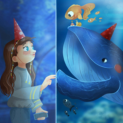 Illustration of magic ocean and birthday girl. aquarium birthday birthday cake brand character cartoon character design digital art drawing fairy fish illustration magic ocean party sea water animal whale