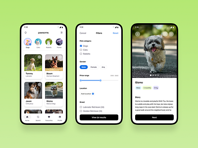 Pawsome mobile app android case study design filters home page mobile app pet profile ui