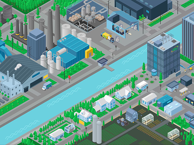 Industrial City Animation 2d illustration 3d adobe illustrator after effects animated city animation city cityscape factory illustration industrial isometric isometric city json lottie motion graphics skyscraper transport vector vector illustration