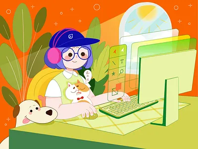 A day in the life of a pet-loving girl art cat color creative dog fun graphic design illustration art illustrations illustrator inspiration lo fi orange pet working