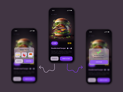 Food Delivery App - Popup Overlay UI app burger dailyui dailyui016 dailyui16 design food delivery glass effect glassmorphism overlay popup shopping ui ux