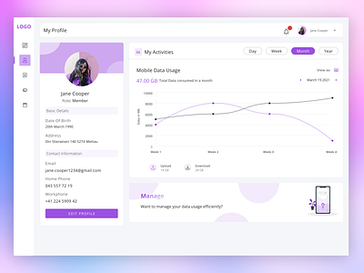 My Profile abstract analytics chips creative solution data consumption design fancy ui glass morphism graphs lavender line graphs logo modern my profile notification profile purple ui user profile ux