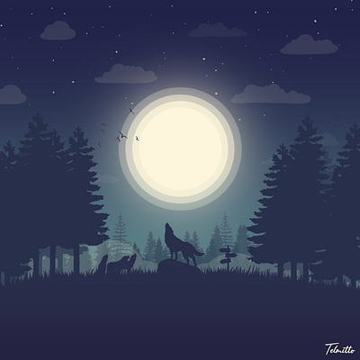 Midnight Wolf clouds design digitalart digitalillustration forest graphic design grass ground illustration landscape moon tree vector wolf