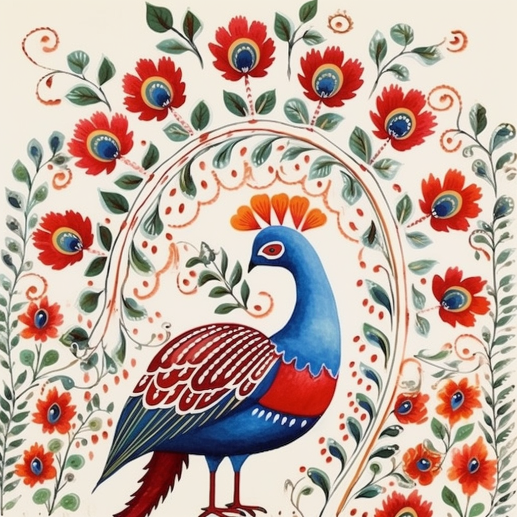 Scandinavian Folk Art Print, Folk Art Peacock by Azzedine Roumane on ...