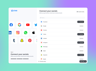 Onboard your user to connect to your social media application dashboard des design design system mobile ui web