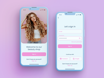Beauty Shop Sign In/ Sign Up Screen app barbie beauty cosmetic design log in main page online app online store pink registration shop sign in sign up ui