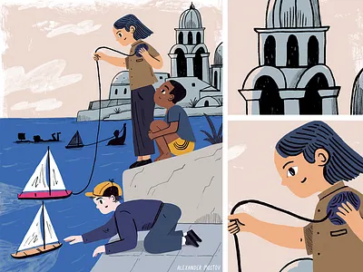 The Boat Race art boats character city design drawing editorial illustration kidlit kids landscape magical people picture book texture ui