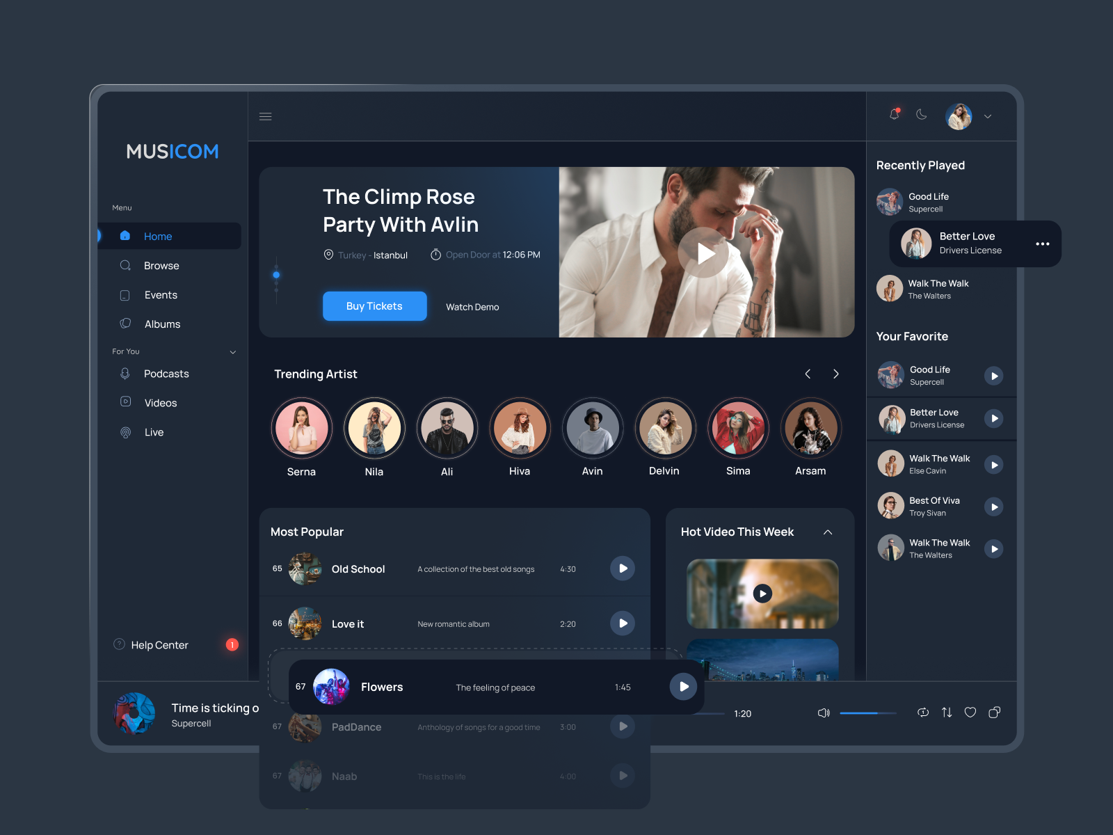 Music Dashboard admin app card concept control dark dashboard graphic design manage music music player player podcast sound ui ui trend uix ux voice web