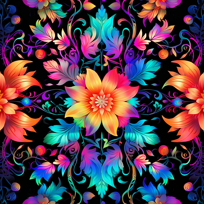 Floral Mandala Seamless Pattern Set - Synthwave Vibes aop design fabric flourish flowers graphic design illustration lisa frank repeating pattern vibrant
