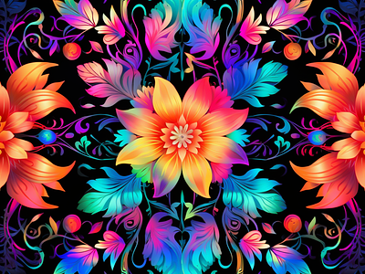 Floral Mandala Seamless Pattern Set - Synthwave Vibes aop design fabric flourish flowers graphic design illustration lisa frank repeating pattern vibrant