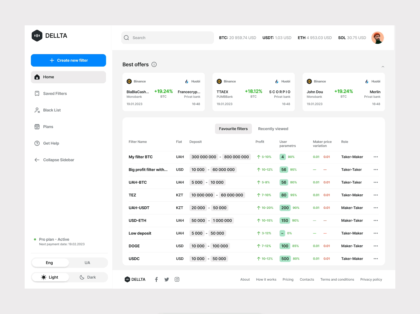 DELLTA-Advanced Arbitrage Scanner between P2P and Spot Markets animation app app design arbitrage crypto design exchange figma p2p ui ux