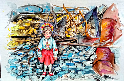 War in Ukraine Original watercolor painting, Ukrainian Kids art children girl handmade illustration kid paint painting style ukraine ukrainian war watercolor
