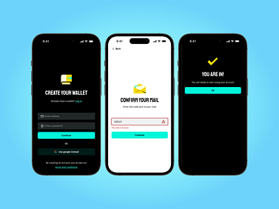 Create account screens for Reve app blockchain crypto darkmode design ui ux web3