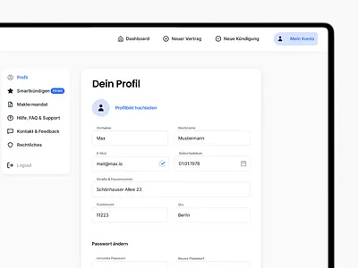 Smartkündigen Webapp berlin dashboard empty state input field minimal nested navigation profile tabs ui webapp webdesign