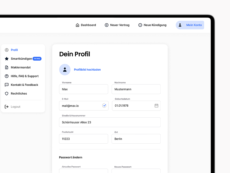 Smartkündigen Webapp berlin dashboard empty state input field minimal nested navigation profile tabs ui webapp webdesign