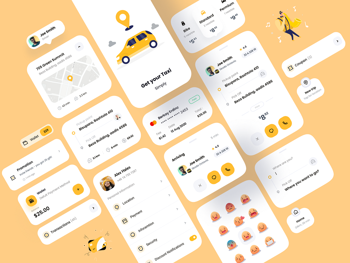 Taxi Booking App Components by UI/UX monster for Mimadesign on Dribbble image.