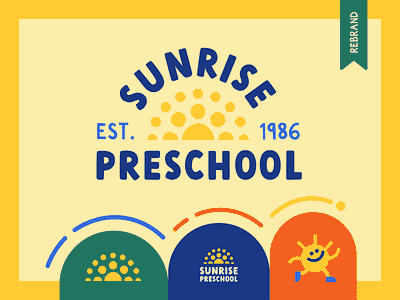 Sunrise Preschool Rebrand arched text blue brand branding character children daycare design illustration kid kids logo mascot playful preschool rebrand sun sunrise sunshine yellow