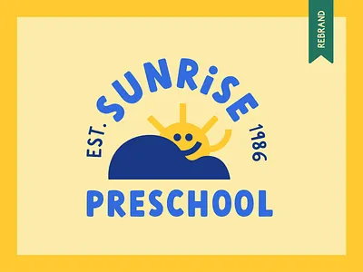 Sunrise Preschool logo concept arch arched text brand branding character children daycare design illustration kid kids logo playful preschool rebrand sun sunrise sunshine typography yellow