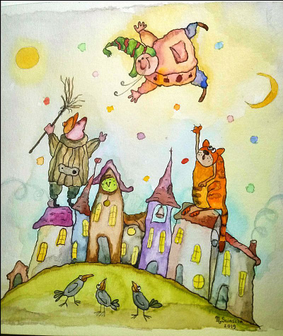I flew trough the air,illustration for a children poem air animal cat children book flay home illustration logo man sky