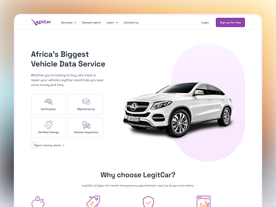 Vehicle Verification platform - LegitCar auto car maintenance carfax landing page payment product design uiux vehicle verification website