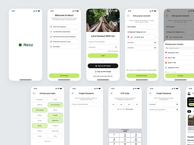 Nesz - Onboarding, Login, Sign Up and Forget Password confirm email confirm password create an account forget password input field log in login mobile news onboarding pop up register registration sign in sign up signin signup splash screen ui ux