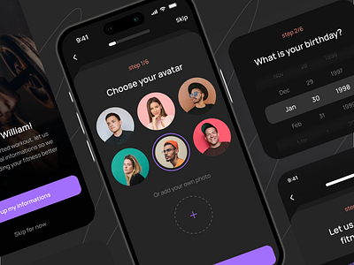 Fitly - Profile Setup Screen app avatar birthday dark date design fitness gym ios minimal mobile modern onboarding photo profile sport trainer ui ux workout