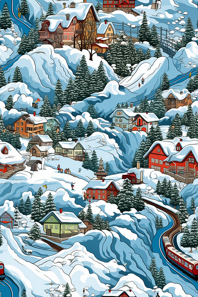 Alpine village seamless pattern illustration