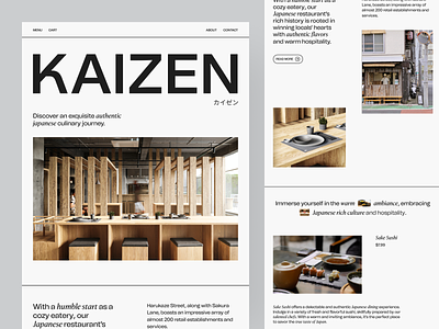 KAIZEN - Japanese Restaurant Landing Page 🍣 bold brutalism cafe culinary fnb food japan landing page layout minimal ramen restaurant sushi swiss style typography ui ui design web web design website