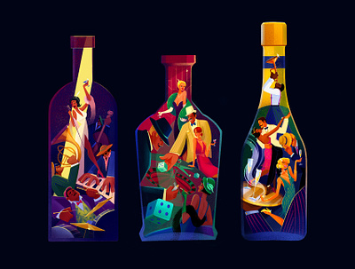 Vintage minibar 1920 alcohol artdeco bar bottle branding casino custom illustration dance illustration jazz ladies music band roulette singer