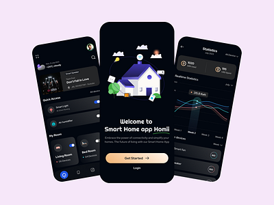 Homii- A Smart Home App app design application design home app home screen mobile mobile design product design smart app smart home smart home app splash screen statistics ui ui design uiux user experience user interface ux