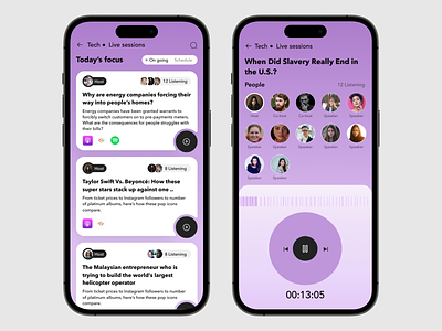 Hobi Redesign Live sessions app article audio broadcast chat discuss features interface live mental health mobile news platform player sessions streaming technology ui ux voice