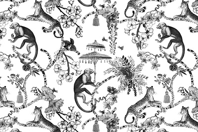 Chinoiserie Whimsy - Pattern black blue blue and white chinoiserie chinoiserie pattern jaguar monkey red seamless chinoiserie toile tropical