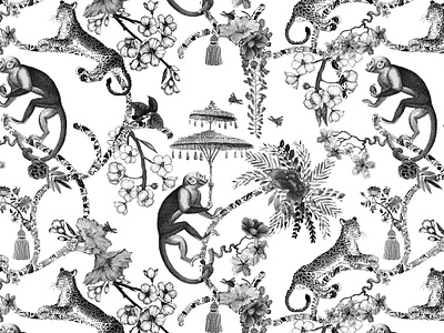 Chinoiserie Whimsy - Pattern black blue blue and white chinoiserie chinoiserie pattern jaguar monkey red seamless chinoiserie toile tropical