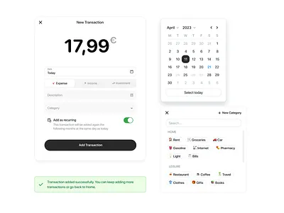 Expense Tracker Widgets app badges calendar category design expense tracker expenses form income modal money notification planner product design site tracker transaction ui ux widgets