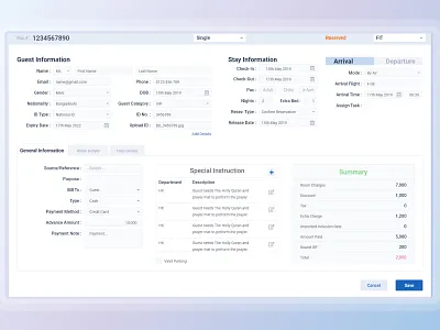 Hotel Reservation Form for Front Office Manager dashboard design front desk front office hms hotel hotel management system reservation form saas ui ux web application