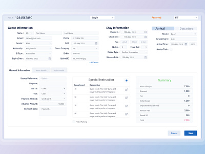 Hotel Reservation Form for Front Office Manager dashboard design front desk front office hms hotel hotel management system reservation form saas ui ux web application