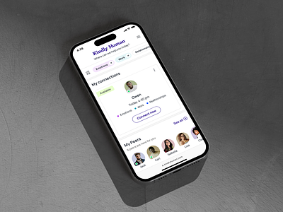 Kindly Human: Mental Health Support Platform browser filter filters home home screen interface iphone iphone 14 mobile mobile app mock up ui uidesign web