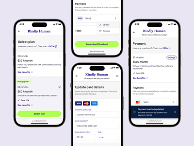 Kindly Human: Select plan, payment, card details card card details design interface mobile payment plan plan selection select select plan ui uidesign ux