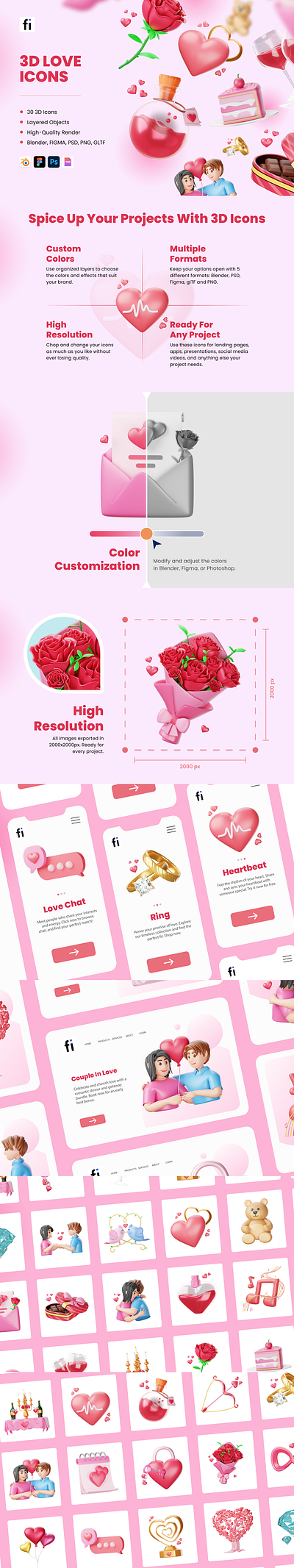 3D Love Icon Set 3d branding design graphic design icons illustration
