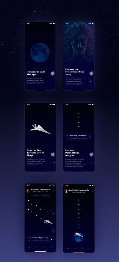 LunaRise: Holistic Sleep Enhancement Mobile App Design app development design designinspiration digital health digitaldesign digitalinterface health tech highfidelitydesign holistic lunariseapp mobileappdesign sleep app slepphealth ui uiinspiration uiuxdesign ux uxdesignprocesses wellness app wellnessapp