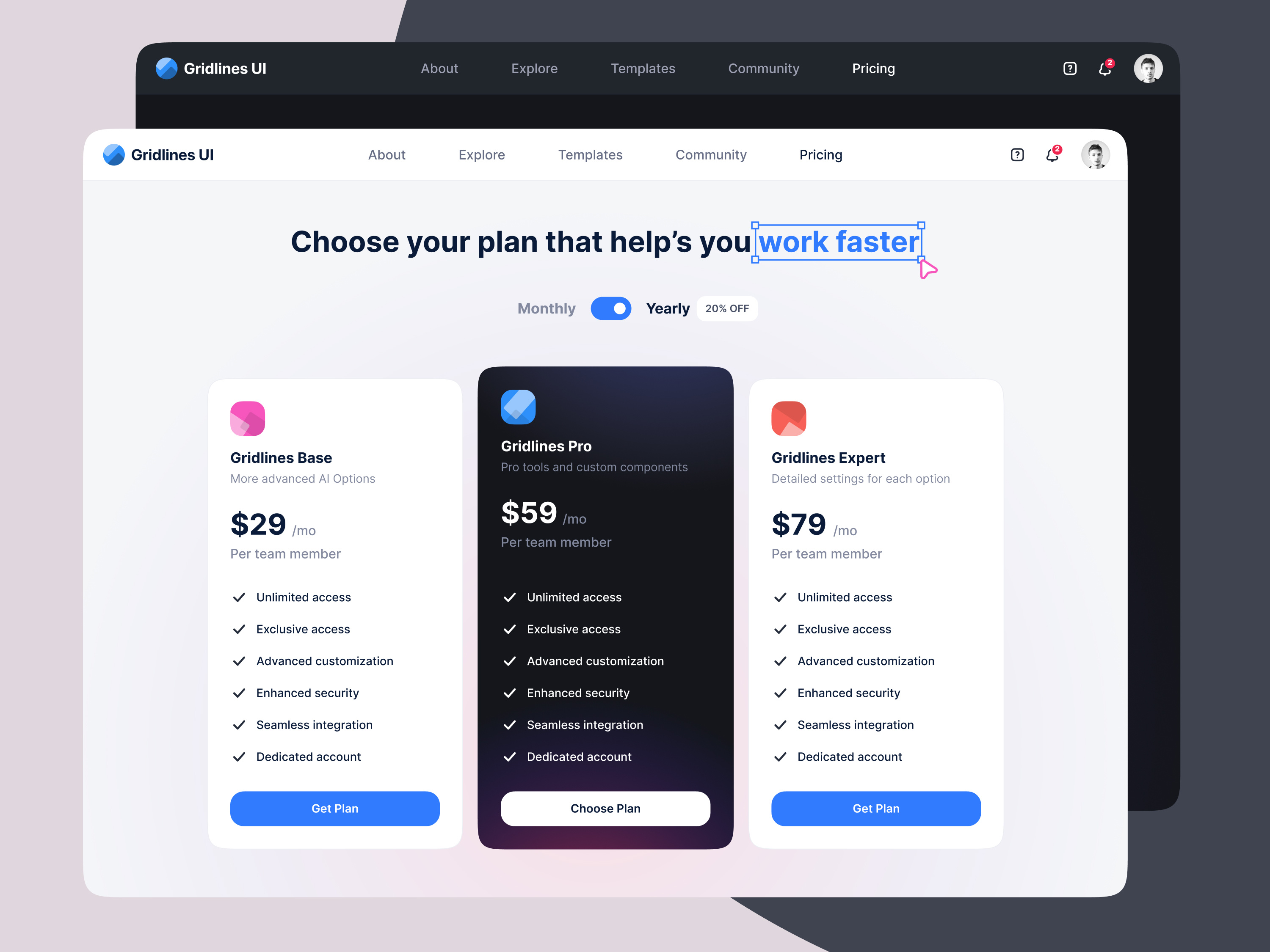 Pricing page dark landing light plans price pricing pro toggle