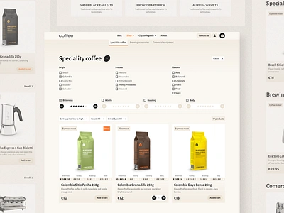 Coffee: Speciality coffee branding catalog coffee shop design e commerce ecommerce home page interface landing page marketplace online platform shop store ui uiux ux web web design website