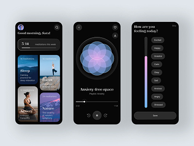 Meditation App anxiety app app design calm design graphic design interaction library meditation mind mobile app mood music player playlist ui ux