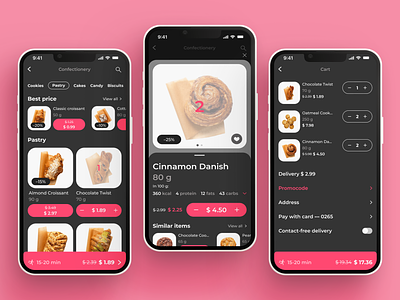 Mobile Food Delivery App app cart checkout confectionery croissant dark mode delivery design food mobile pastry pink product card product page promotion ui ux