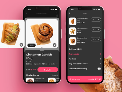 Food Delivery iOS app cart checkout confectionery croissant dark mode delivery design discount figma food mobile pastry pink product card product page promotion ui ux yummy