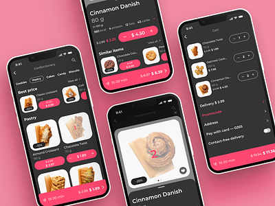 Food Delivery iOS App app cart checkout croissant dark mode delicious delivery design food mobile pastry pink product page promotion ui ux yummy