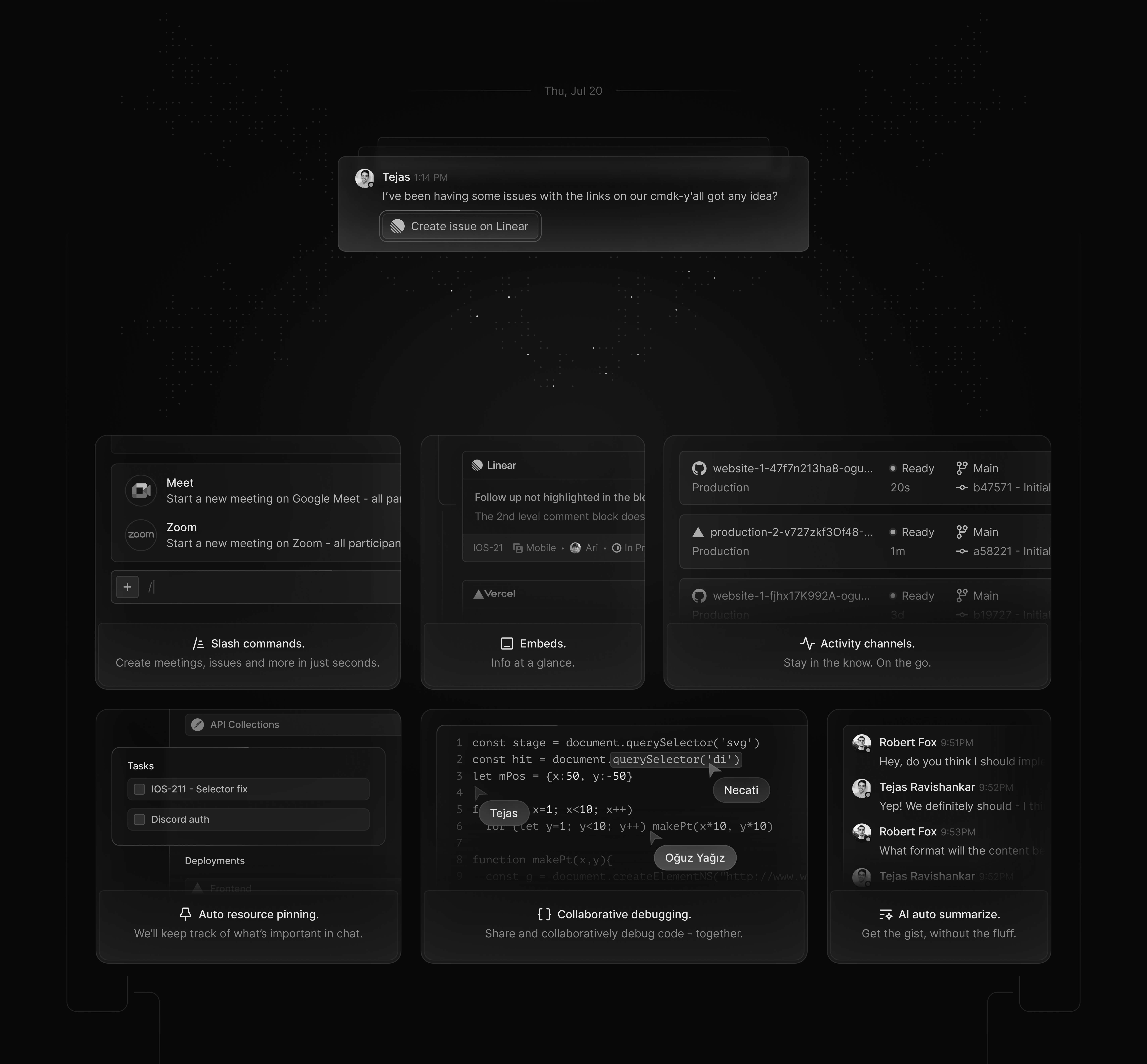 Monochrome rectangles 🖤 ai bento cards cards dark landing page dark section deployments developer tool developer website embeds landing page slash commands summerize